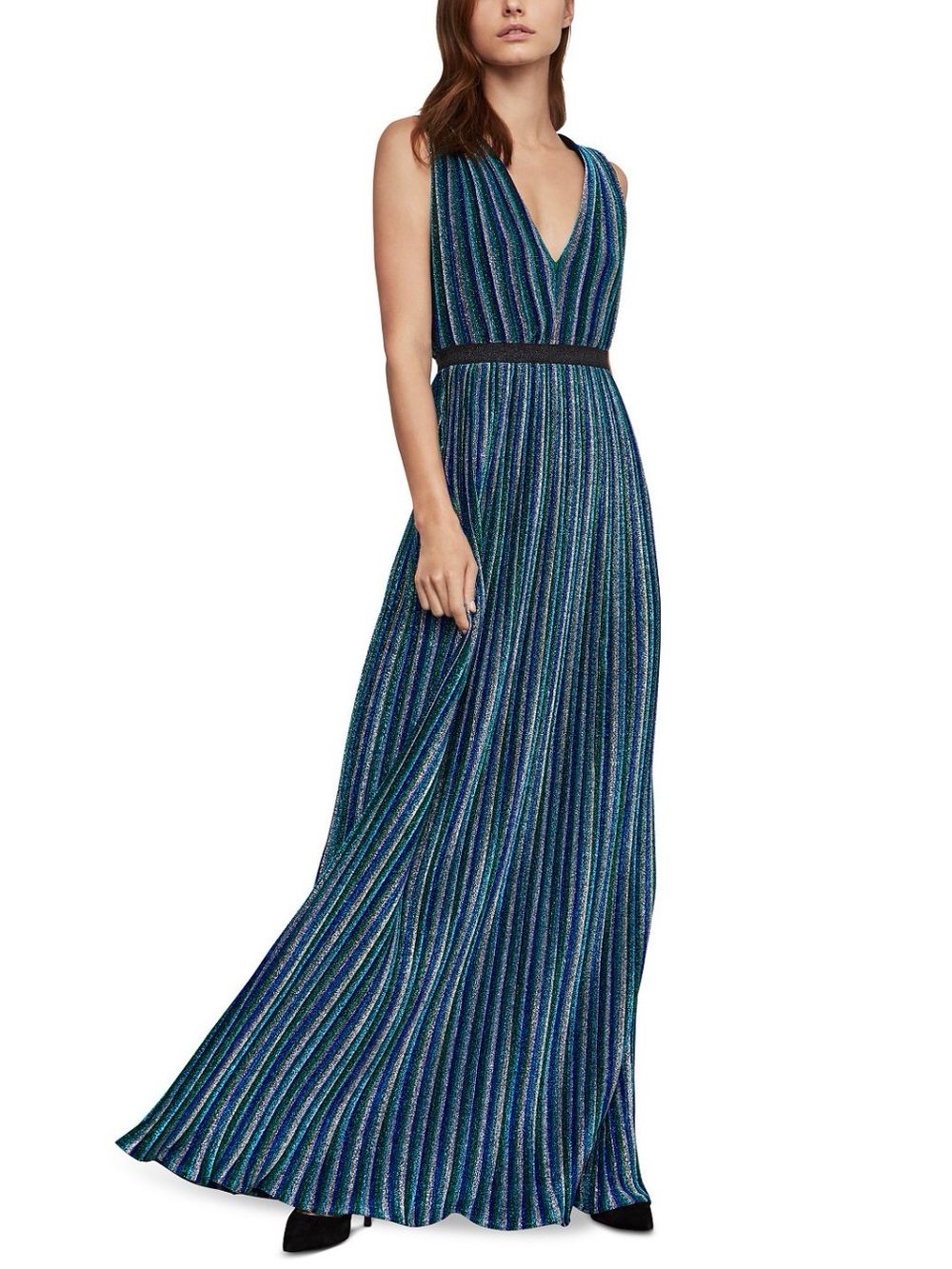 BCBGMaxAzria Teal and Navy Striped V-Neck Maxi Dress